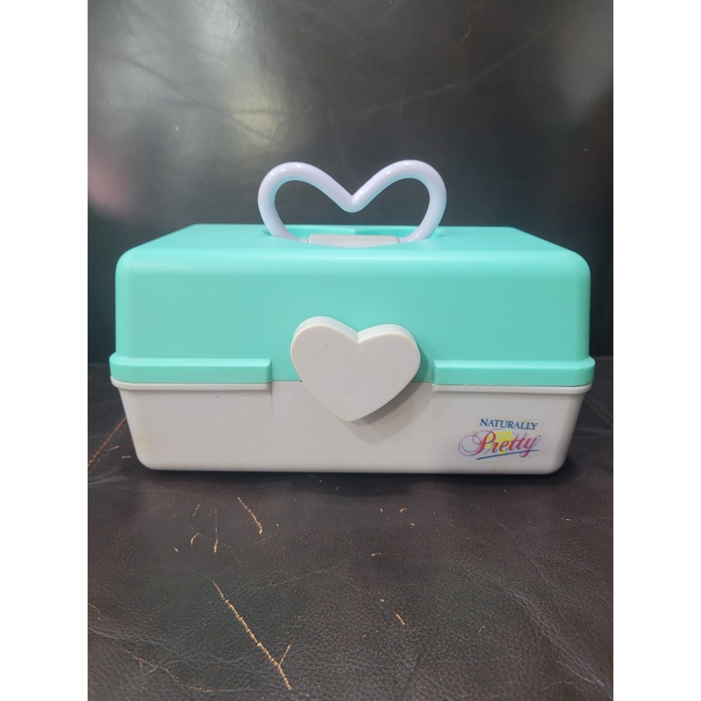 Vintage Naturally Pretty Cosmetics Case Travel Storage Jewelry Teal Grey Heart